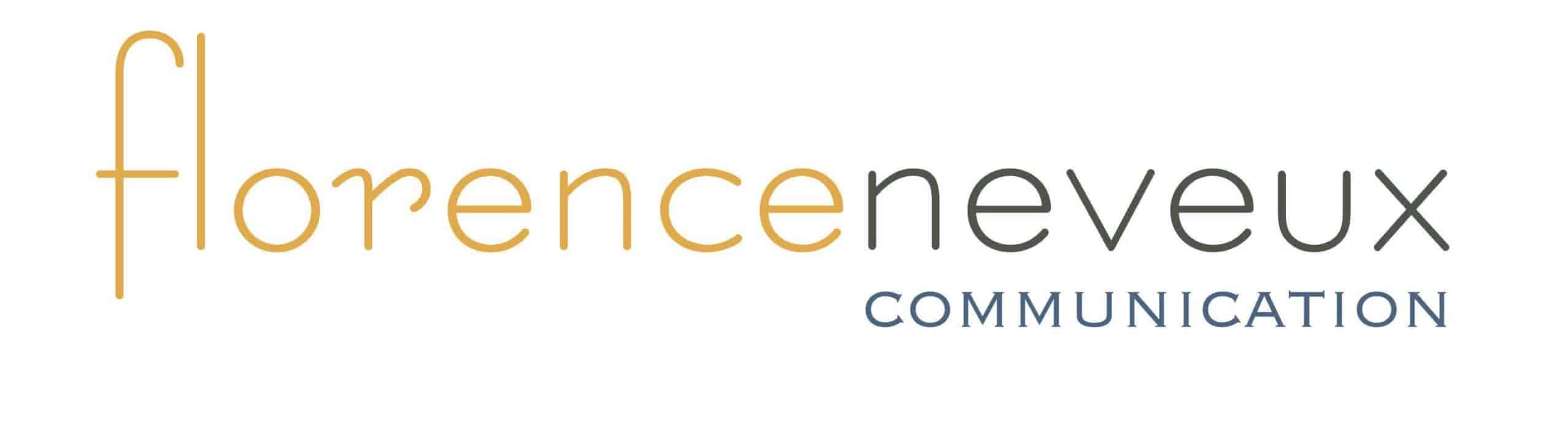 logo de Florence Neveux avec florence en jaune, neveux en gris et communication en bleu